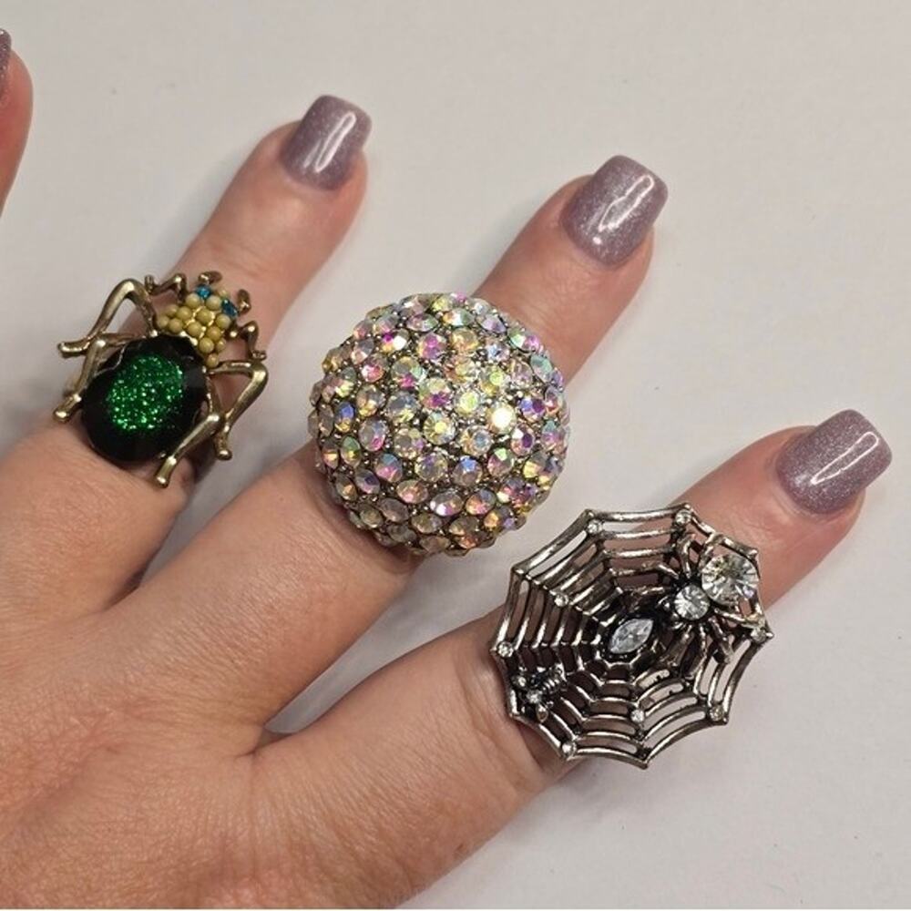 Womens Statement Ring Set 3pc Spider Web AB Rhinestone Dome Beetle Adjustable